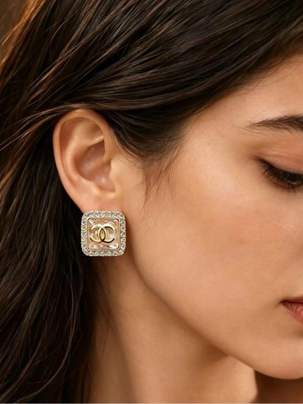 CHANEL Crystal Logo Stud Earrings